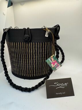 rave Black Bucket Shoulder Bag with Gold Pinstripe
